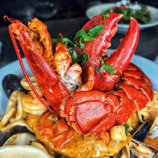 A vibrant red lobster with claws and tail, garnished with herbs, atop a seafood pasta dish.