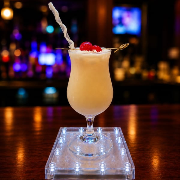 Light-colored cocktail with cherries and straw on a glowing coaster at a dimly lit bar.