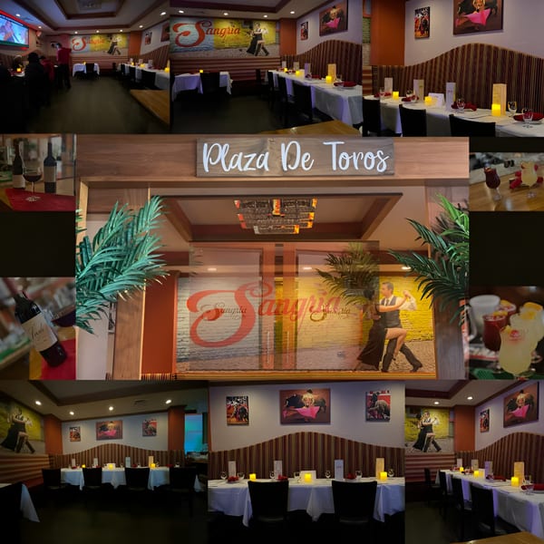 Collage of Sangria Cafe's interior, showing dining areas, bar, entrance, and drinks.